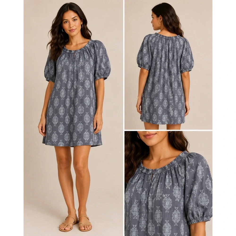 Wonderly Womens Blue‎ Medallion Cotton Gauze Peasant Mini Dress  M Puff Sleeve